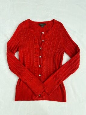 Eddie Bauer Red Cable-Knit Ruffle Trim Cardigan